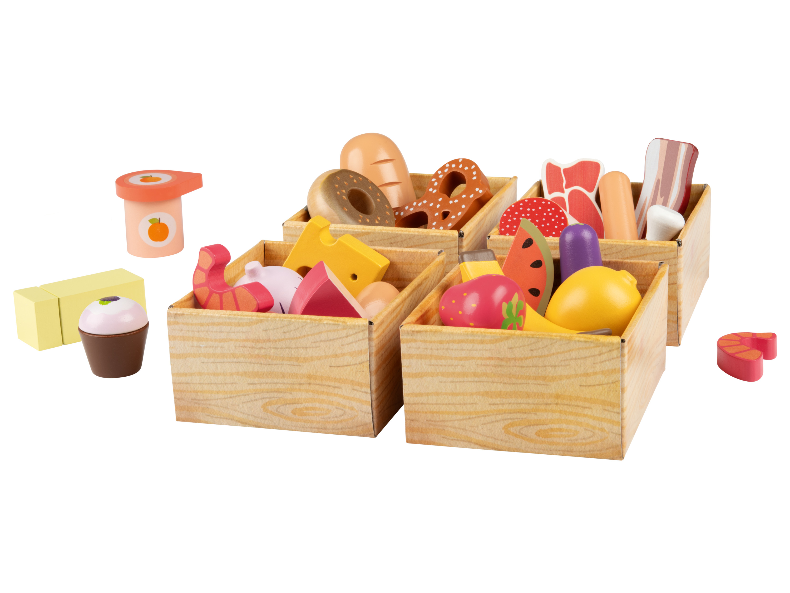 Playtive Drewniane zabawki akcesoria do zabawy w sklep Skrzynki z artykułami spożywczymi
