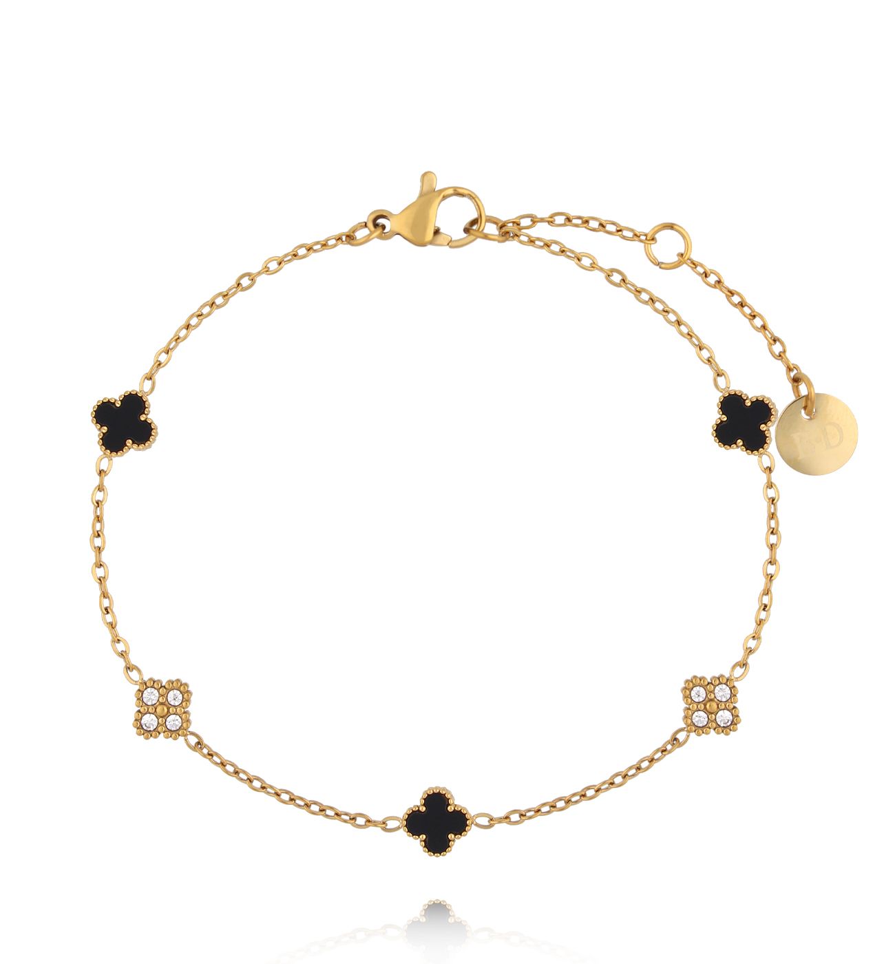 Bransoletka złota z czarnymi koniczynkami i cyrkoniami BSY0543 - By Dziubeka