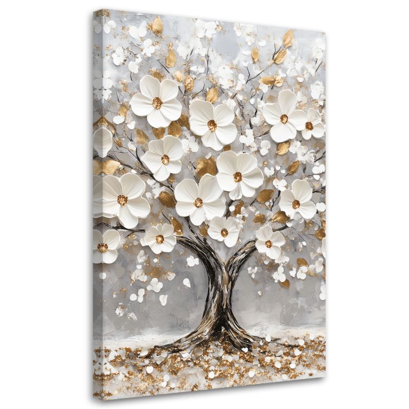 Obraz na płótnie Feeby Drzewo Białe Kwiaty Liscie Zloty 60x90cm 1szt