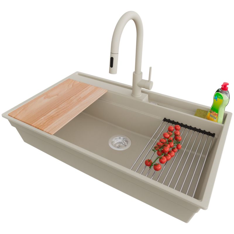 Zlewozmywak Granitowy Oslo Pocket PRIMAGRAN Nablatowy 88x53cm, Beżowy + Bateria + Syfon + Akcesorium, S468, 1 szt.