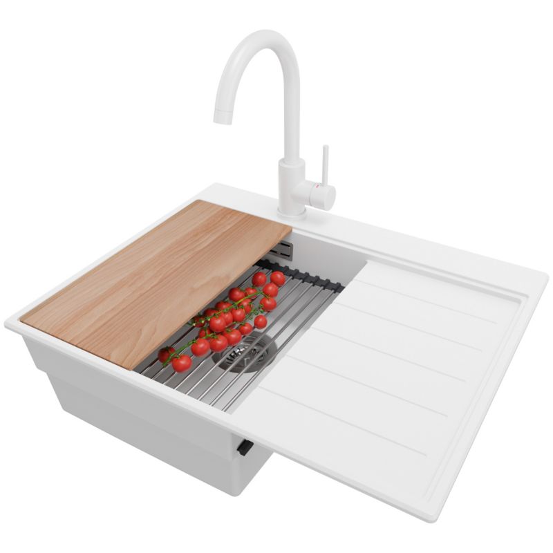 Zlewozmywak Granitowy Sydney PRIMAGRAN Nablatowy 62x50cm do szafki od 40cm, Biały + Bateria + Syfon + Akcesoria, S081, 1 szt.