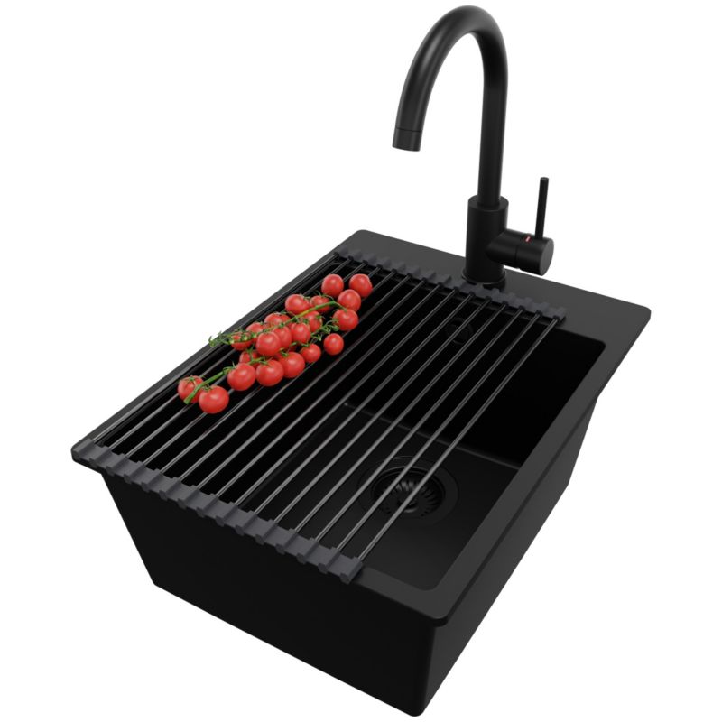 Zlewozmywak Granitowy Ryga PRIMAGRAN Nablatowy 38x50cm do szafki od 40cm z Syfonem i Baterią i Dodatkiem Cały Czarny 1 szt.