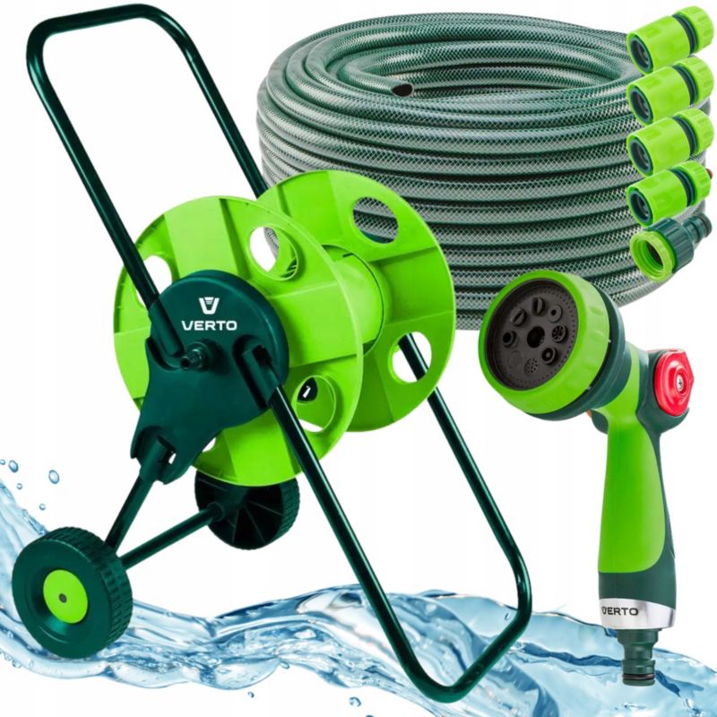 Wąż ogrodowy na bębnie ze zraszaczem i złączkami VERTO, 30 m, 1/2", 1 kpl.