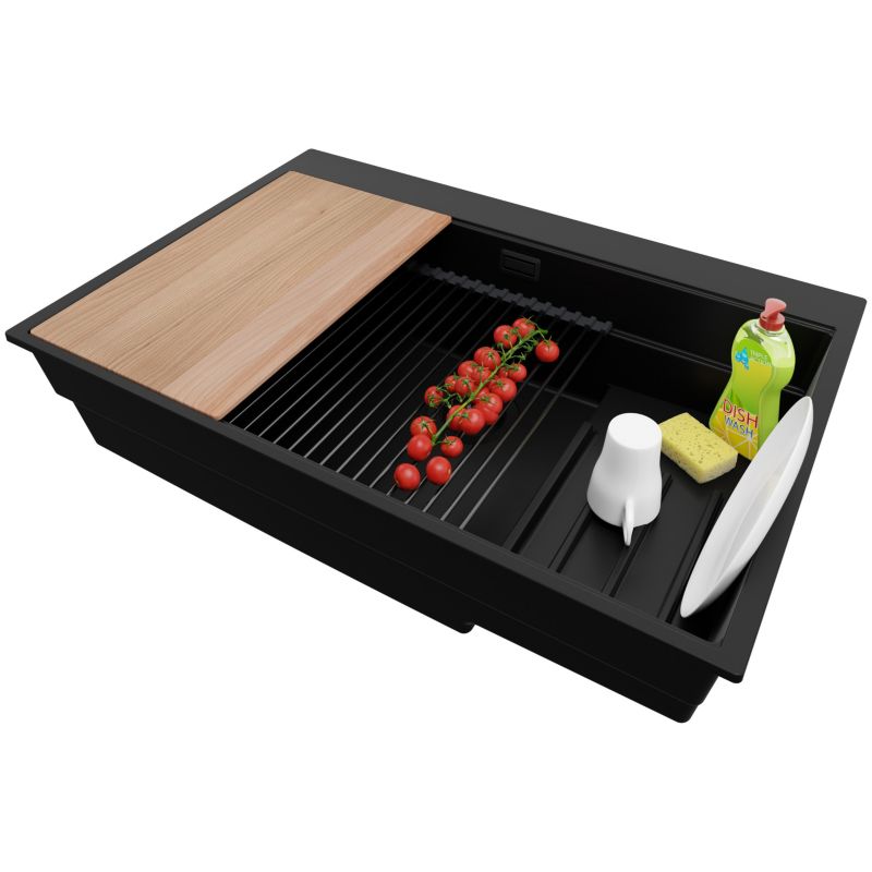 Zlewozmywak Oslo Max PRIMAGRAN Nablatowy 78x53cm do szafki od 80cm, Cały Czarny + Syfon + Akcesoria, S113, 1 szt.