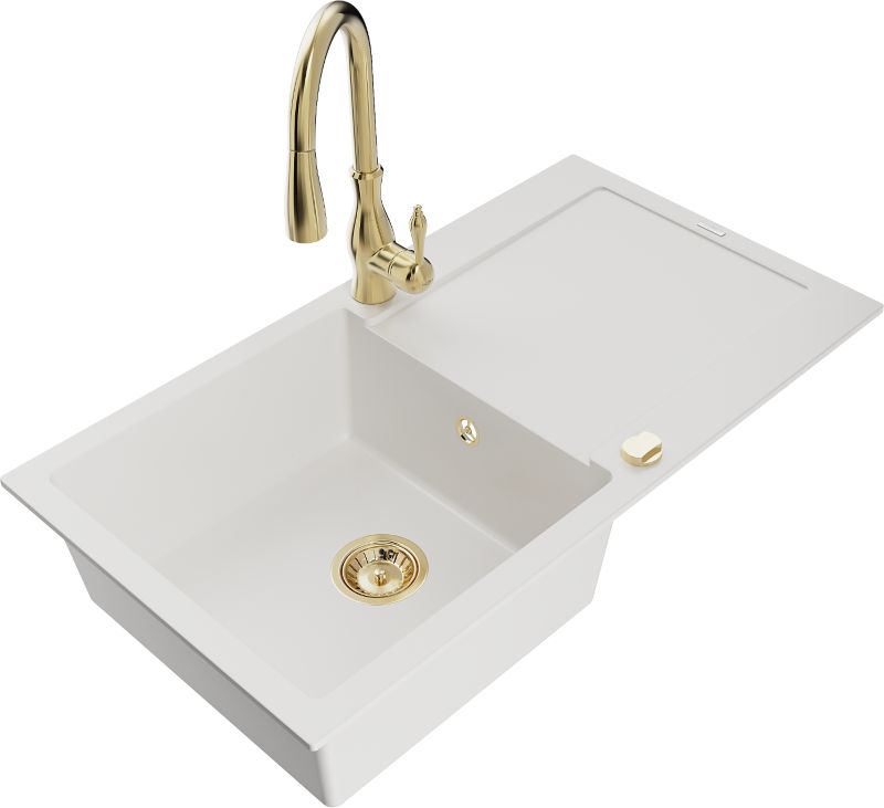 Zlewozmywak granitowy Mexen Leo 1-komorowy z ociekaczem i baterią kuchenną Savita biały - 6501-20-672601-70 1 szt.