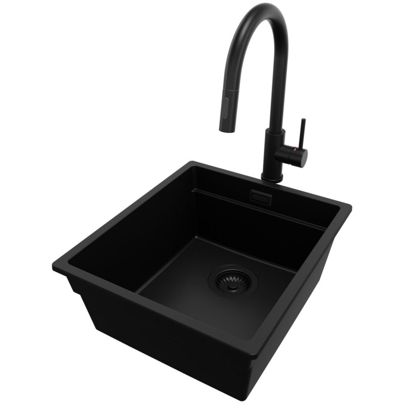 Zlewozmywak Granitowy Praga Slim PRIMAGRAN Nablatowy 41x47cm do szafki od 45cm z Syfonem i Baterią Cały Czarny 1 szt.