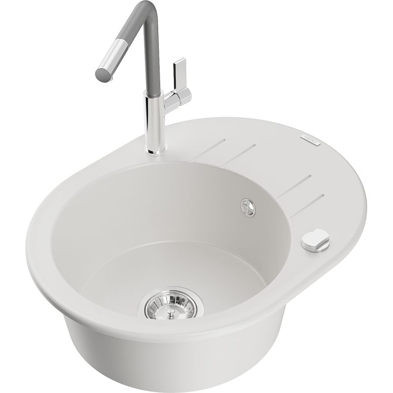 Zlewozmywak granitowy 1-komorowy Mexen Kevin z ociekaczem i baterią kuchenną Flora biały 6517-20-670401-06