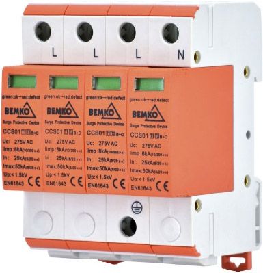 Ochronnik przeciwprzepięciowy Bemko 4P 8 kA 10/350 T1+T2 B+C