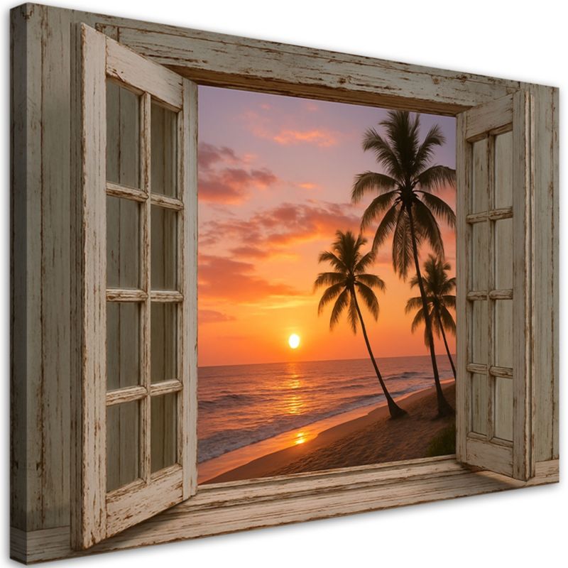 Obraz do salonu sypialni Feeby Widok z okna Zachód słońca Plaża Palmy 120x80cm 1szt