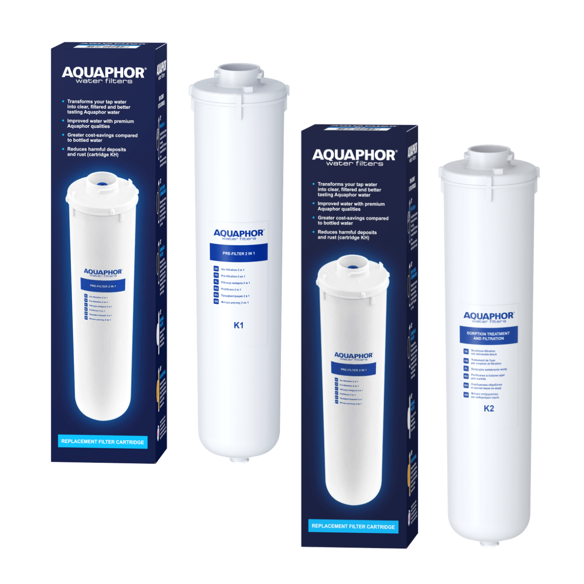 Zestaw wkładów do filtra wody Aquaphor RO202S. Wkład K1 + wkład K2. Filtry wymienne na podstawowy serwis Aquaphor RO-202S.