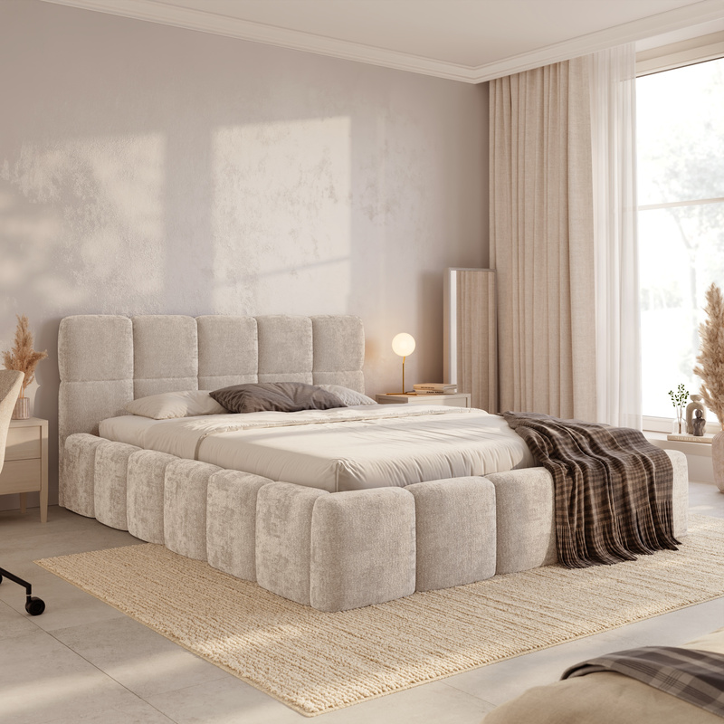 Beżowe łóżko tapicerowane 140x200 z pojemnikiem CUDDY do sypialni