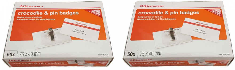 2x identyfikator Office Depot, z klipsem i agrafką, 75x40mm, 50 sztuk, przezroczysty