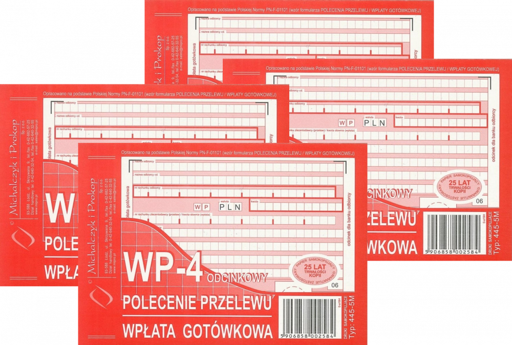 4x Druk Polecenie przelewu/wpłata gotówkowa MiP 445-5M, A6, 3 kopie, 80k