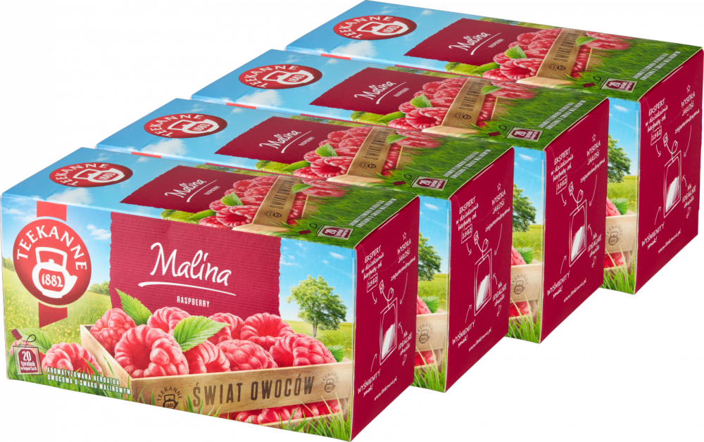 4x herbata owocowa w kopertach Teekanne Raspberry, malina, 20 sztuk x 2.5g