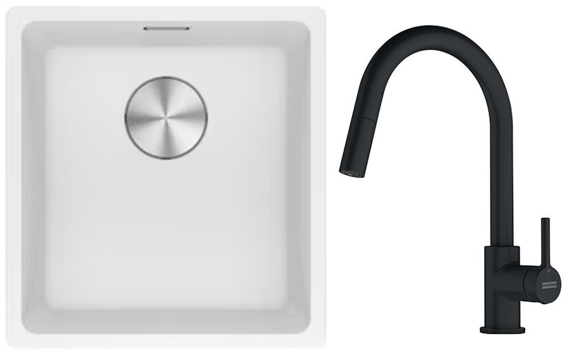 Franke Maris MRG 110-37 zlewozmywak 40x37 cm Fragranite biały polarny z baterią kuchenną Lina czarny mat (1250687251, 1150626053)