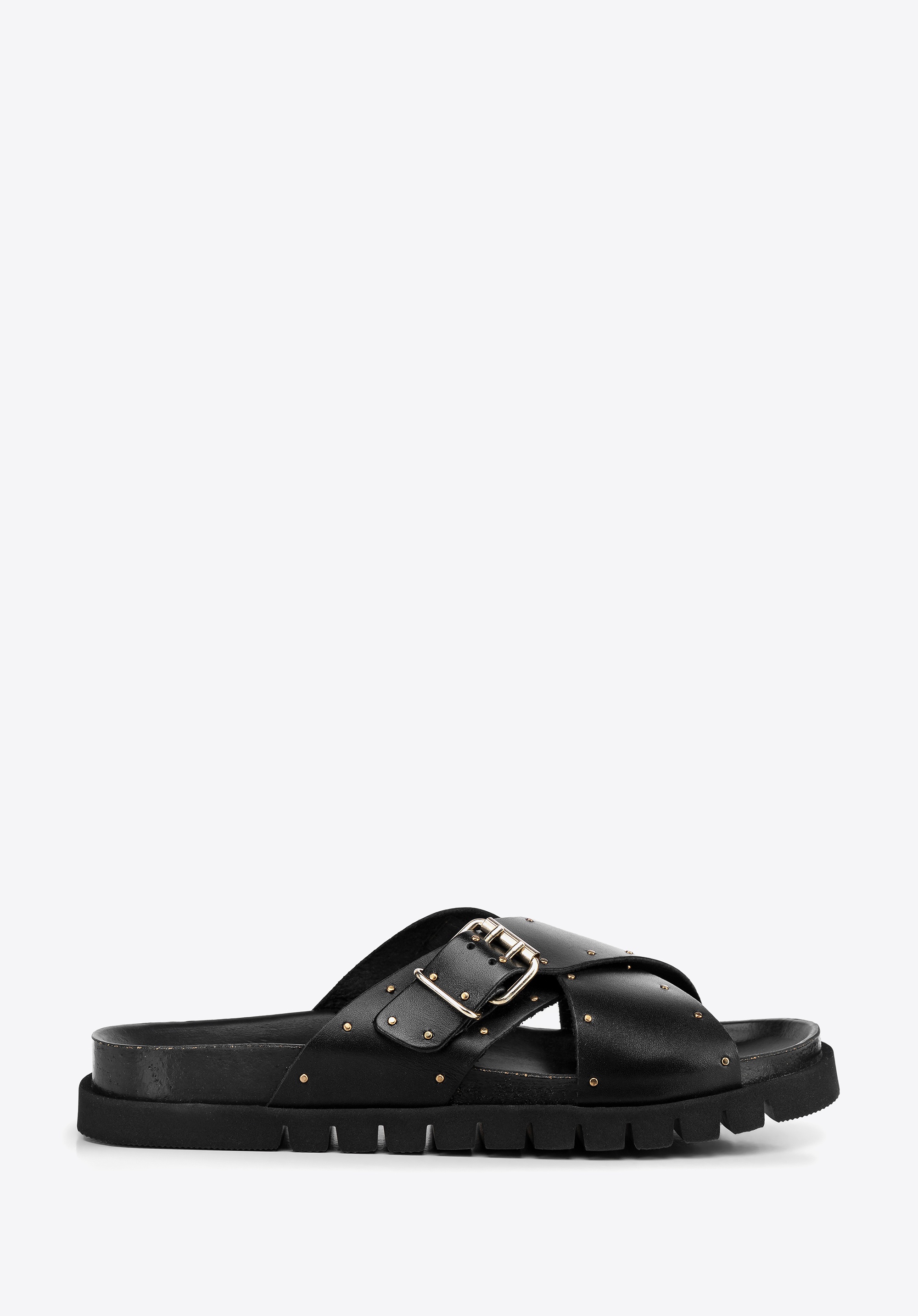 Damskie klapki ze skóry z paskami na krzyż czarne