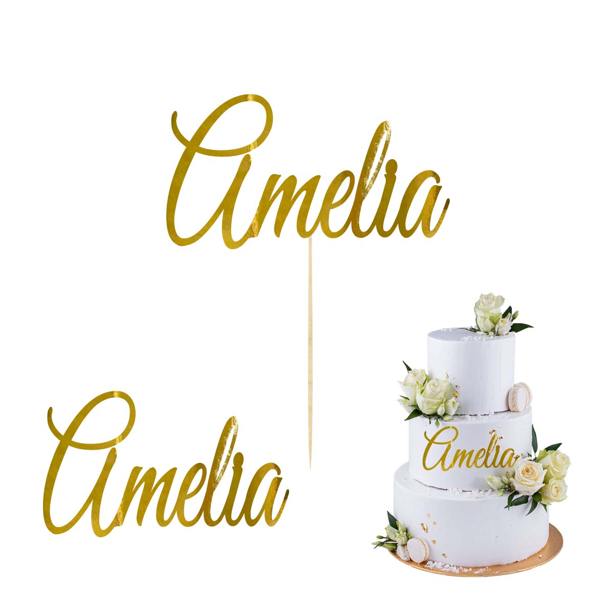 Topper na bok tortu imię napis złoty, dekoracja na Komunię Świętą Chrzest Roczek Urodziny pik scrapki