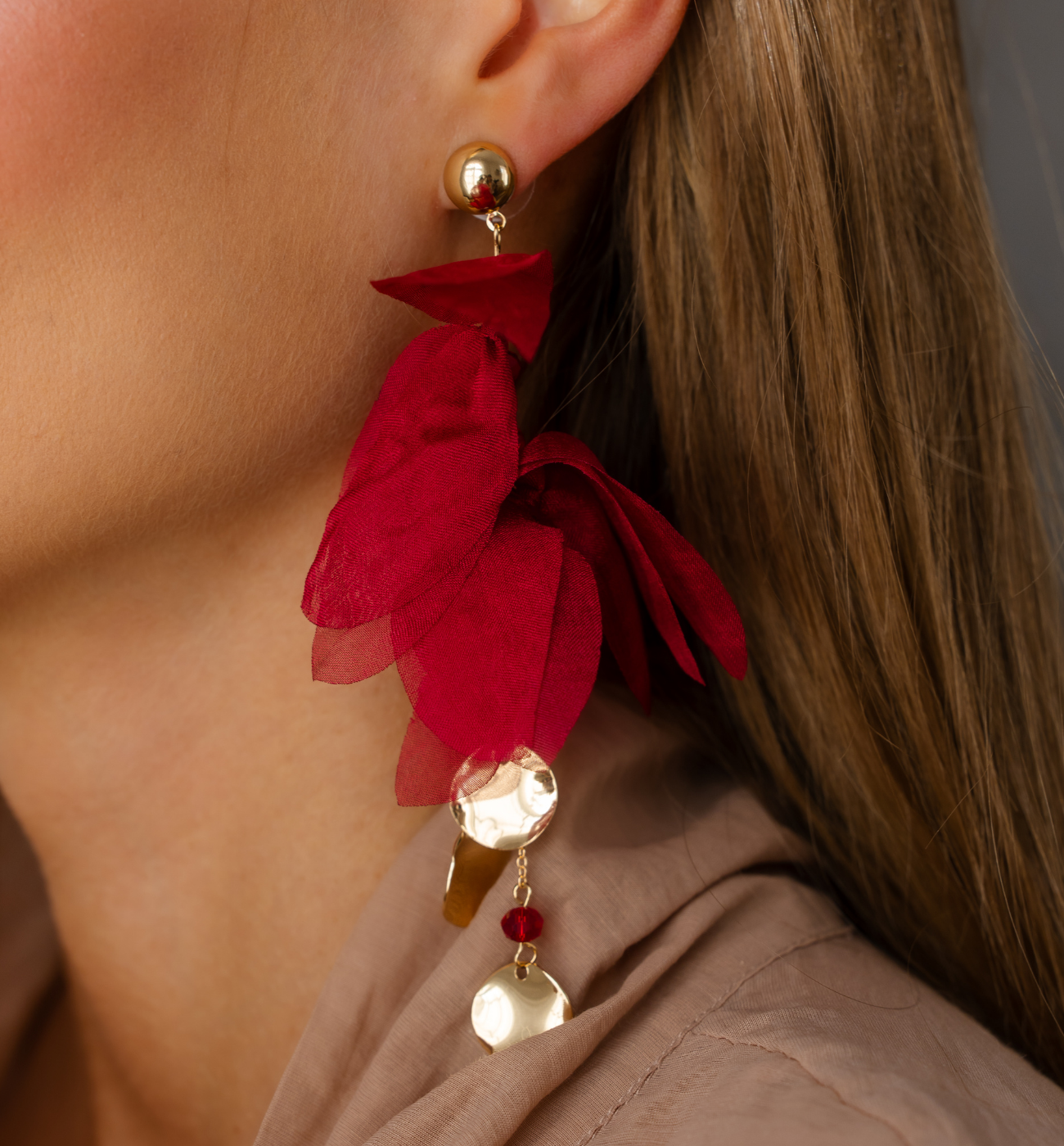 Kolczyki z bordową tkaniną - By Dziubeka