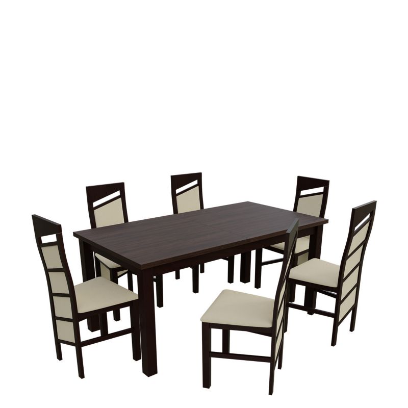 Zestaw RO19 MIRJAN 24 Stół rozkładany S18-L 80x160/200 + 6 krzeseł K61 orzech + ekoskóra ecru 1 kpl.