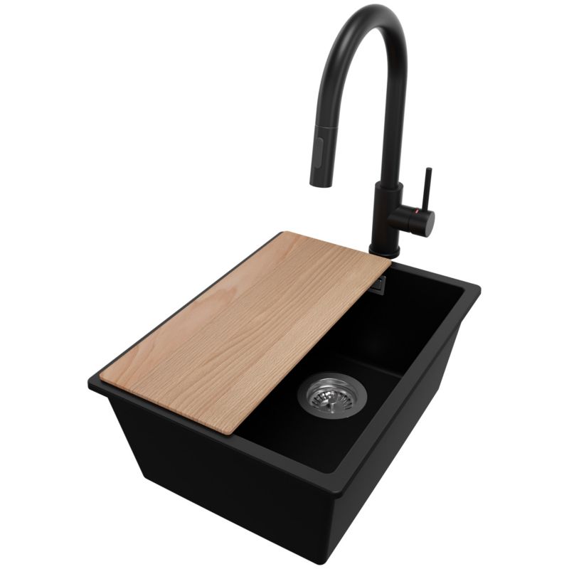 Zlewozmywak Granitowy Londyn Slim PRIMAGRAN Nablatowy 36x47cm do szafki od 40cm z Syfonem i Baterią i Dodatkiem Czarny 1 szt.