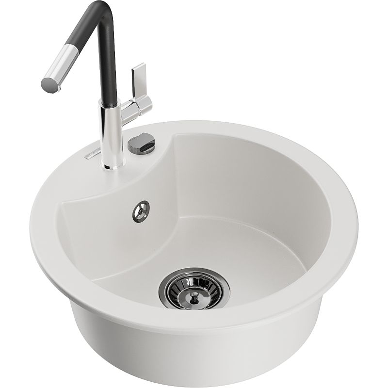 Zlewozmywak granitowy 1-komorowy Mexen Diego z baterią kuchenną Flora biały 6512-20-670401-07-B