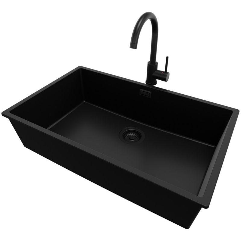 Zlewozmywak podblatowy Londyn PRIMAGRAN 76x47cm do szafki od 80cm, Cały Czarny + Bateria 32x20cm + Syfon, S488, 1 szt.