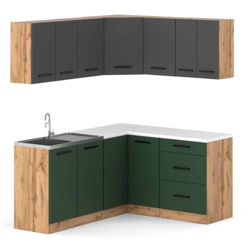Zestaw Kuchenny Hurtownia-Mebli Z Blatem Kuchnia narożna Diana 320cm Dąb Wotan Szary Mat/Butelkowa Zieleń 320x47x145 cm 1szt.