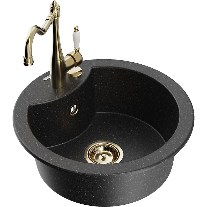 Zlewozmywak granitowy 1-komorowy Mexen Diego z baterią kuchenną Carla czarny/srebrny metalik 6512-73-670700-50