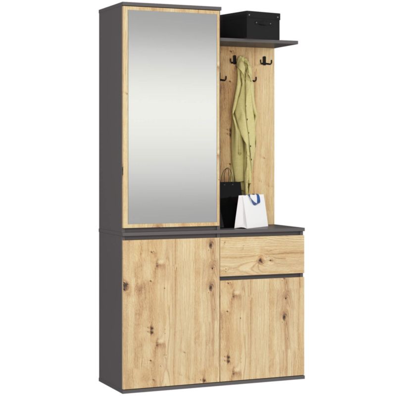 Zestaw do przedpokoju z lustrem AKORD ENTRO Grafit Szary, Dąb Artisan 95 cm 1 szuflada 3 drzwi 7 półek 95x35x183 cm 1 zestaw