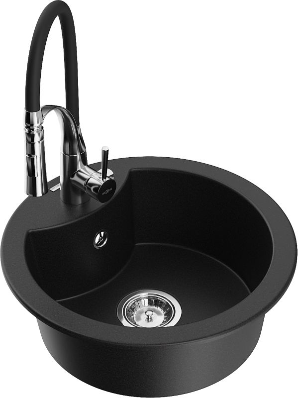 Zlewozmywak granitowy Mexen Diego 1-komorowy z baterią kuchenną Aster czarny 6512-77-73450-07