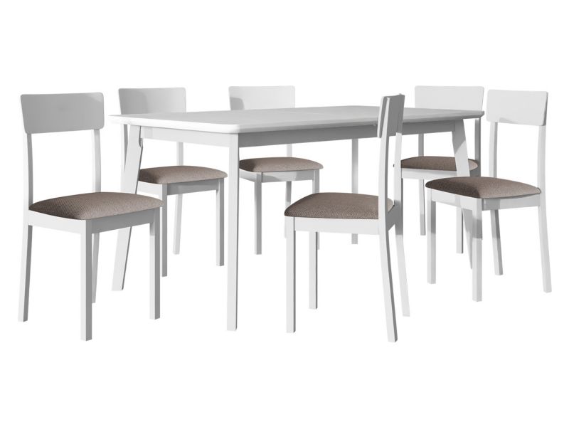 Zestaw DR19 MIRJAN 24 Stół rozkładany Oslo VIII 90x160/200 + 6 krzeseł Hugo New 1 biały + jasnobrązowa tapicerka 1 kpl.