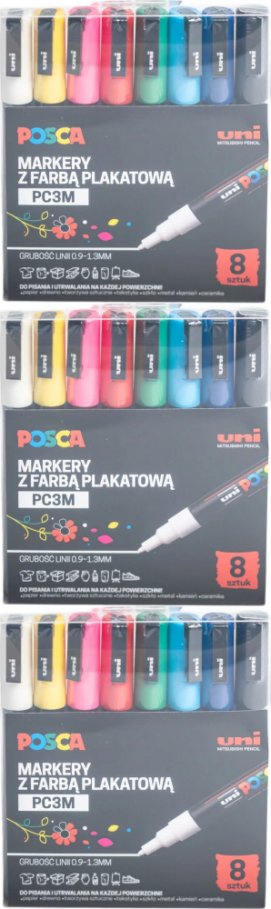 3x Marker Posca PC-3M, z farbą plakatową, okrągła, 8 sztuk, mix kolorów