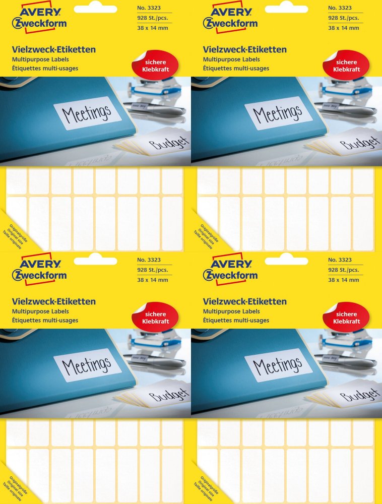 4x Minietykiety Avery Zweckform, do opisywania ręcznego, 38x14mm, 29 arkuszy, biały