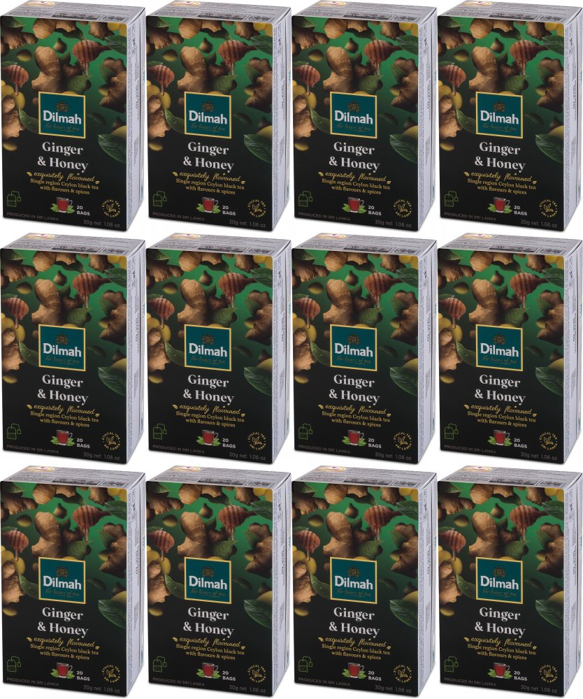 12x Herbata czarna aromatyzowana w torebkach Dilmah Ginger & Honey, imbir i miód, 20 sztuk x 1.5g