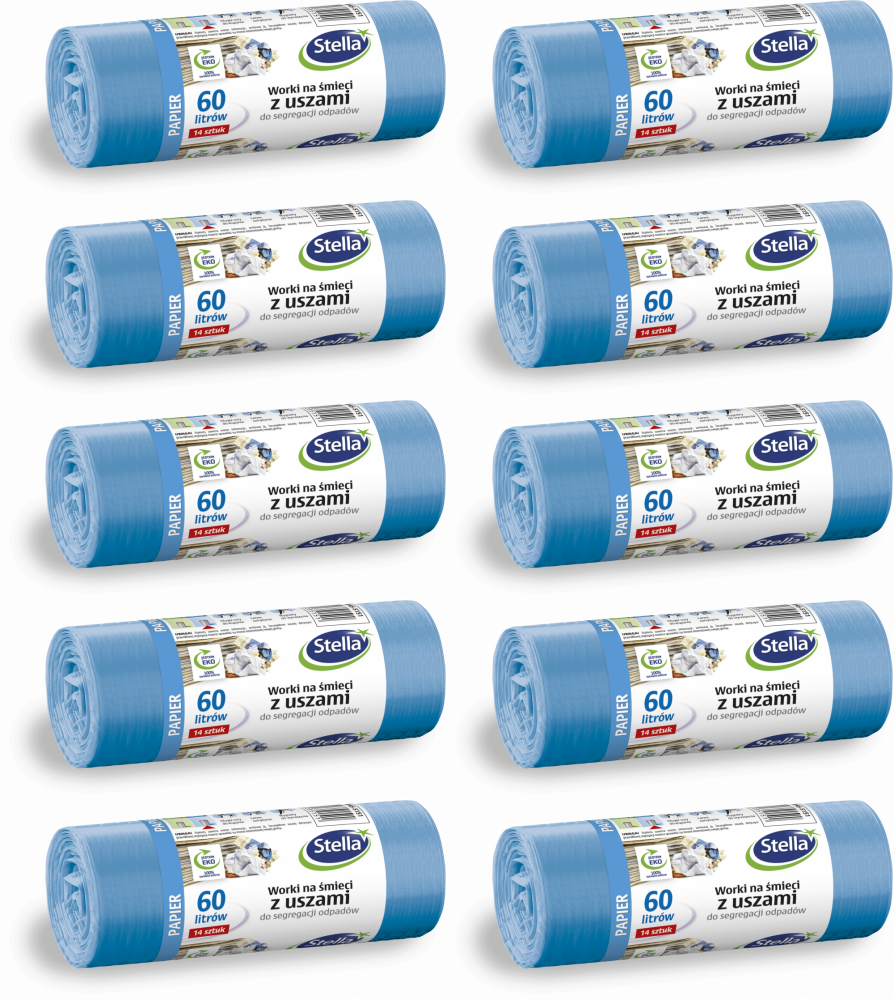 10x Worki na śmieci Stella, na papier, ekologiczne, 60l, 14 sztuk, niebieski