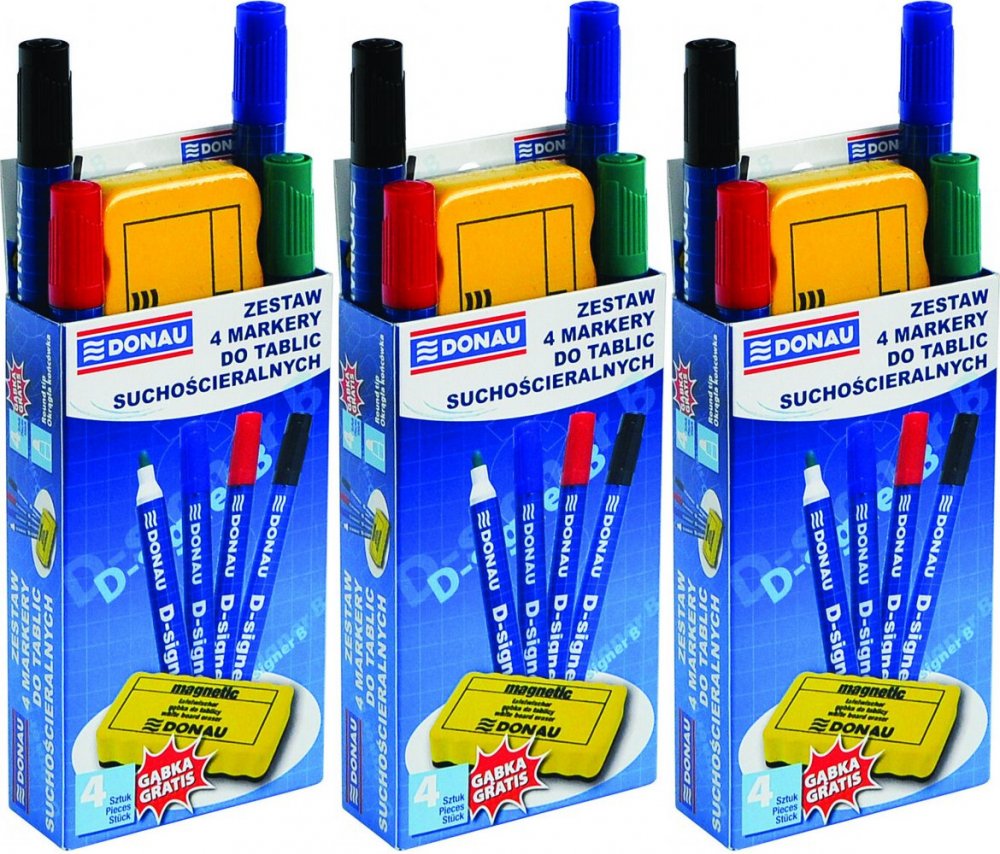3x Marker suchościeralny Donau D-Signer B, okrągła, 4 sztuki + gąbka, mix kolorów