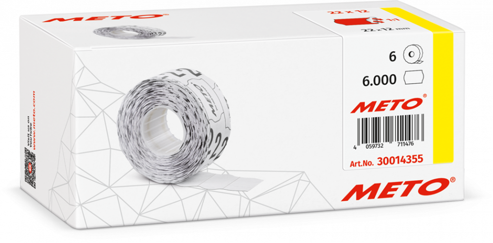 Etykiety cenowe w rolce Meto, do metkownicy jednorzędowej, 22x12 mm, 1000 sztuk, 6 rolek, czerwony