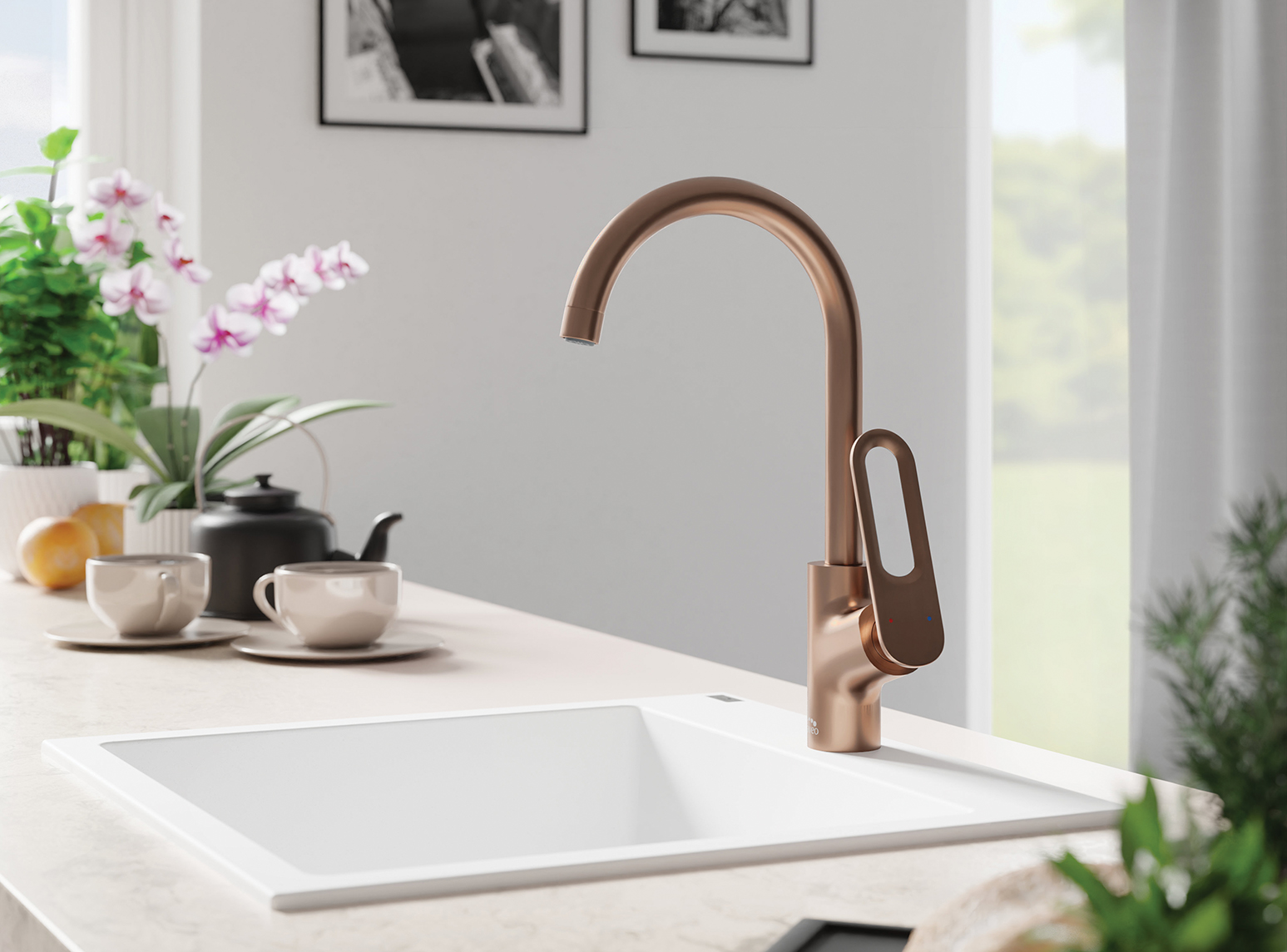 Laveo Tierra bateria kuchenna stojąca z wylewką U miedź BAJ868D