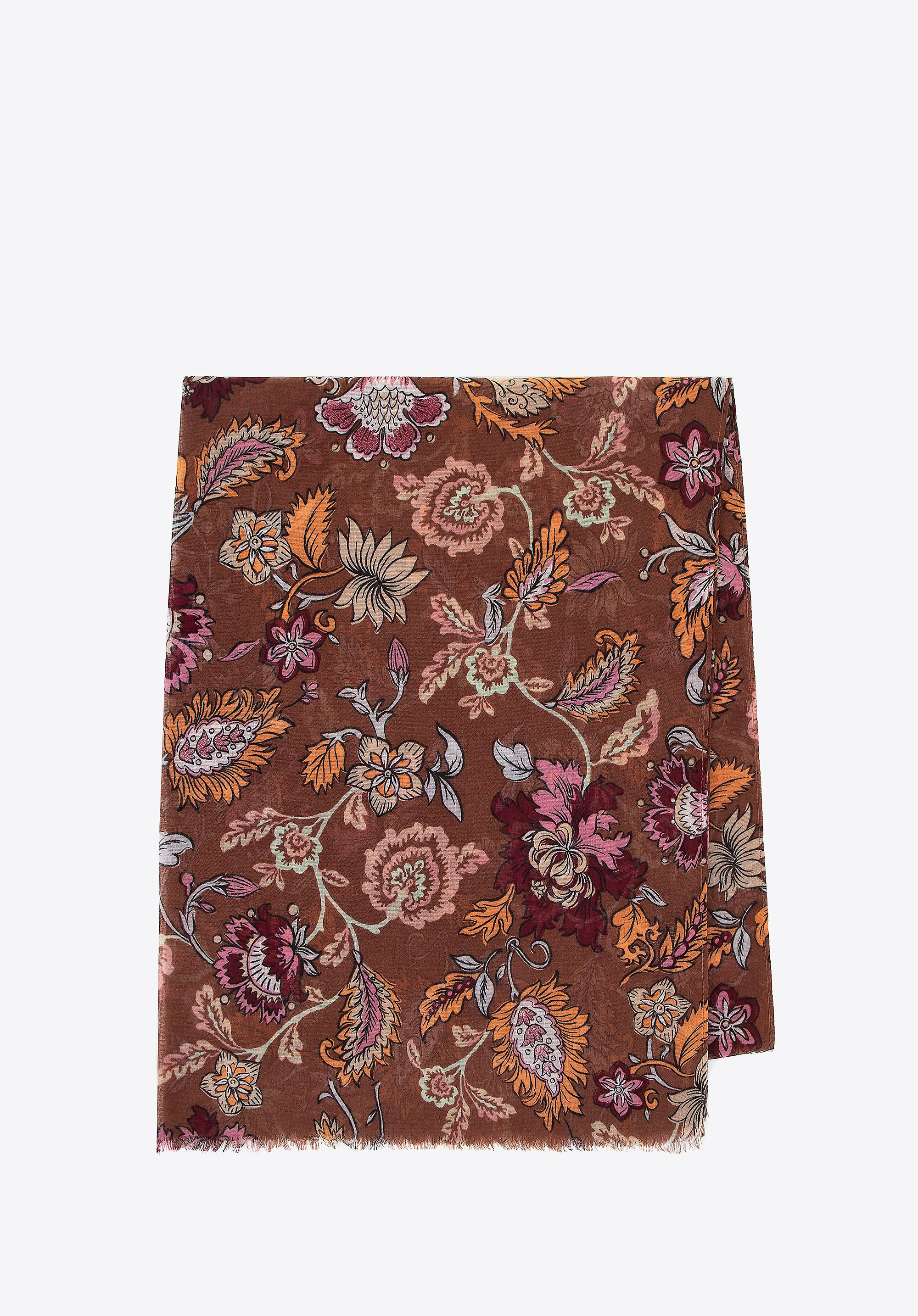 Damski szal w kwiatowy wzór brązowo - pomarańczowy