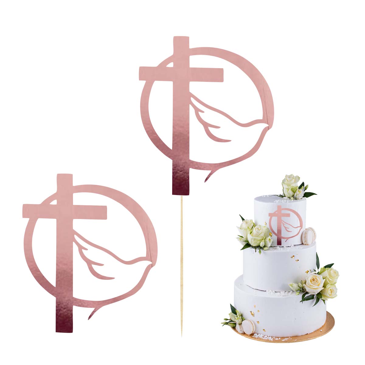 Topper na bok tortu gołąb i krzyż różowe złoto, dekoracja na Komunię Świętą pik scrapki