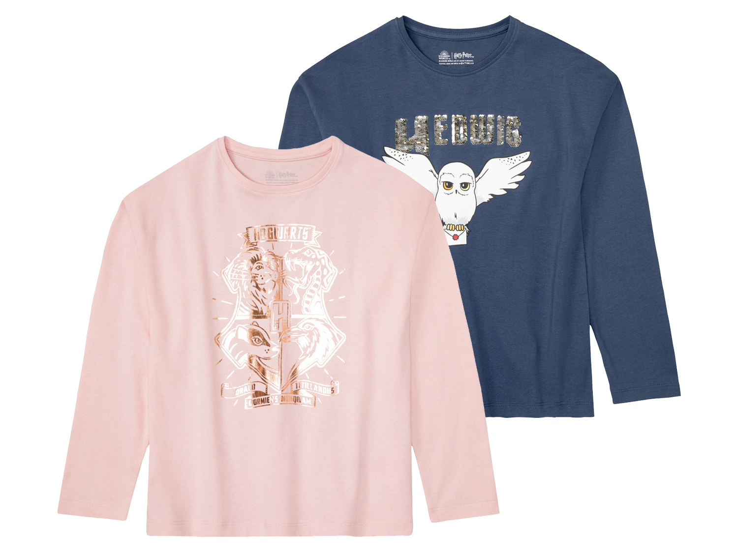 Koszulki dziewczęce bawełniane z długim rękawem, z kolekcji Harry Potter, 2 sztuki 158/164, Granatowy/różowy