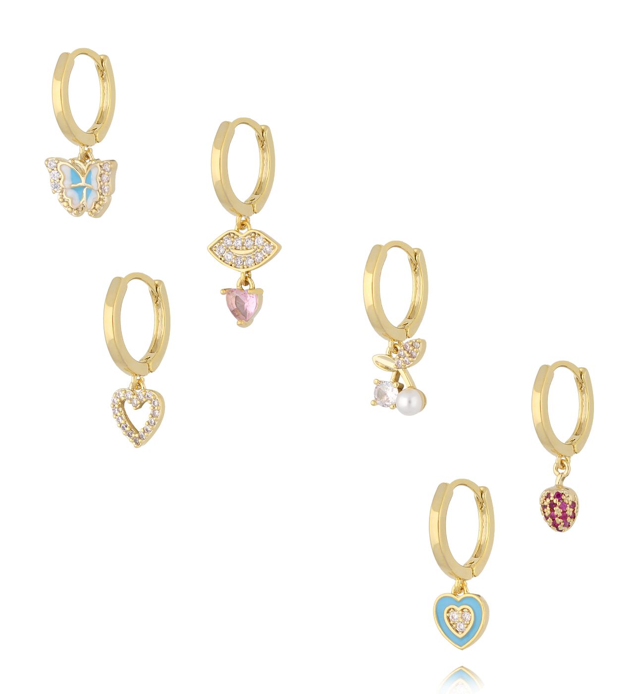 Zestaw złoconych kolczyków z zawieszkami – motywy serca, motyla i symboli KMB0069