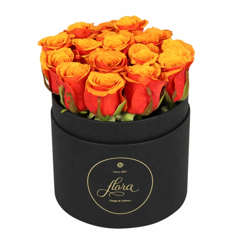 FlowerBox - pomarańczowe róże w pudełku (średni)