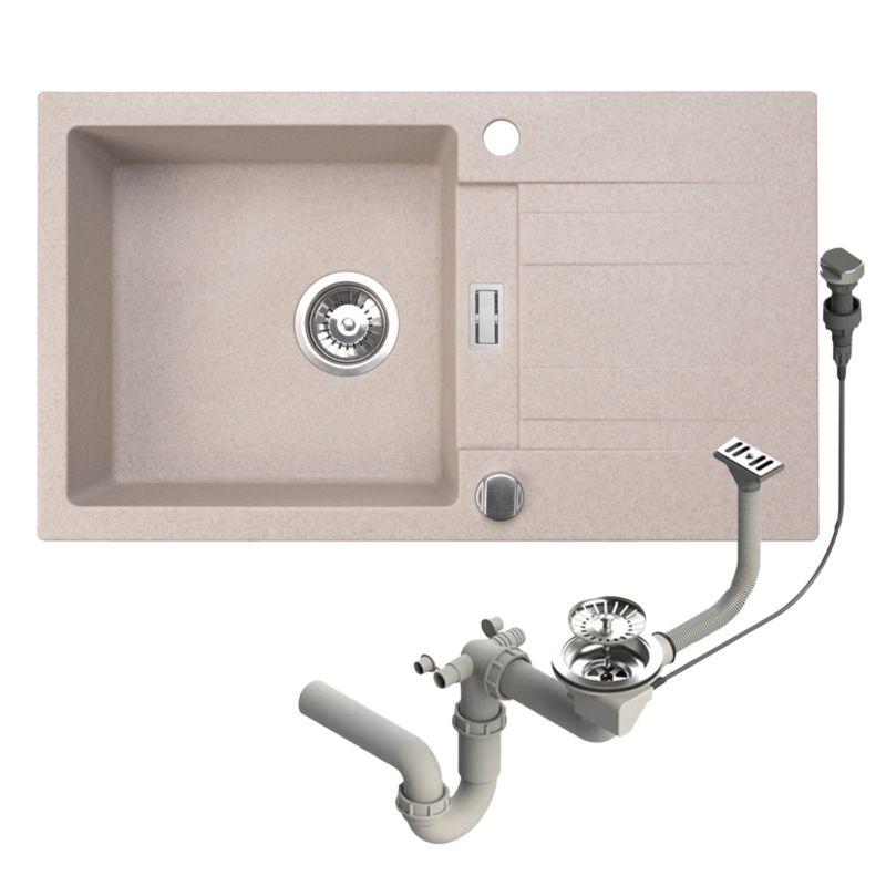 Zlewozmywak granitowy Brenor Athena beżowy 76 x 44 cm jednokomorowy z syfonem automatycznym 1 szt.