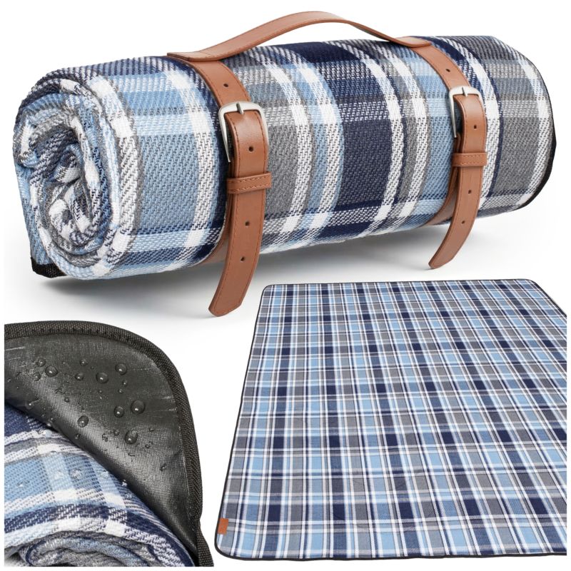 Koc piknikowy Be-active.pl kratka niebiesko-szara wodoodporny składany duży na plażę i biwak 200x200 cm 1 szt