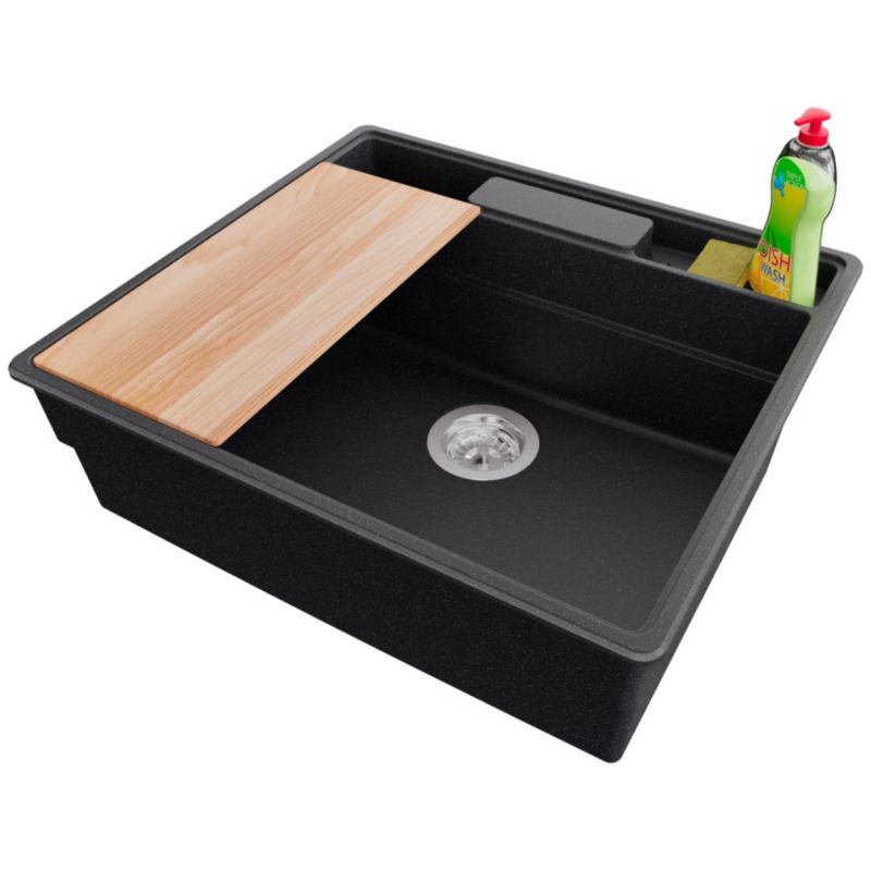 Zlewozmywak Nowy Jork PRIMAGRAN Nablatowy 58x53cm do szafki od 60cm, Grafitowy + Syfon + Akcesoria, S036, 1 szt.