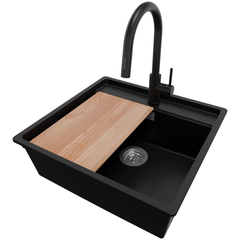 Zlewozmywak podblatowy Bergen PRIMAGRAN 56x53cm do szafki od 60cm, Czarny + Bateria 40x20cm + Syfon + Deska, S091, 1 szt.