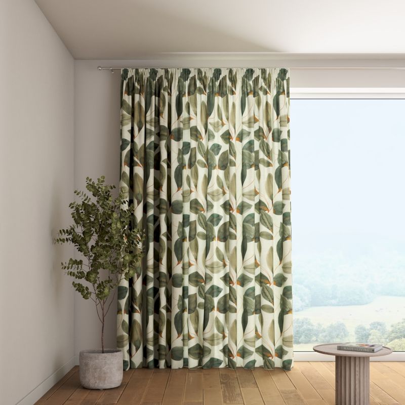 Zasłona na taśmie marszczącej 1 szt. 130 x 245 cm Dekoria brązowo-pomarańczowe liście na szarym lnianym tle 1 szt.