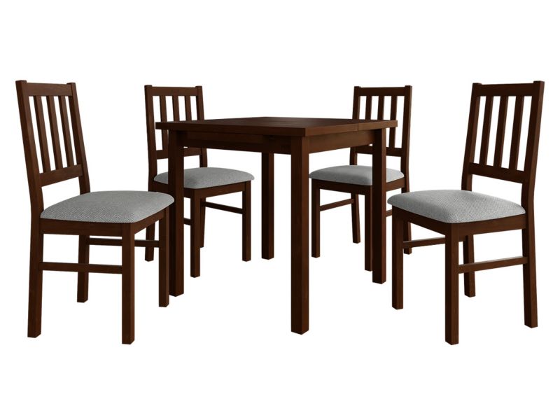 Zestaw DR09 MIRJAN 24 Stół rozkładany Max VII 80x80/110 + 4 krzesła Bos 4 orzech + szara tapicerka 1 kpl.