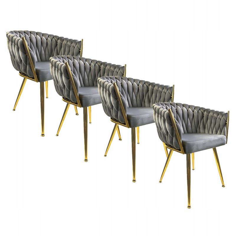 Krzesło DREWIK tapicerowane welur szare plecione złote nogi do kuchni i salonu kpl. 4 szt.